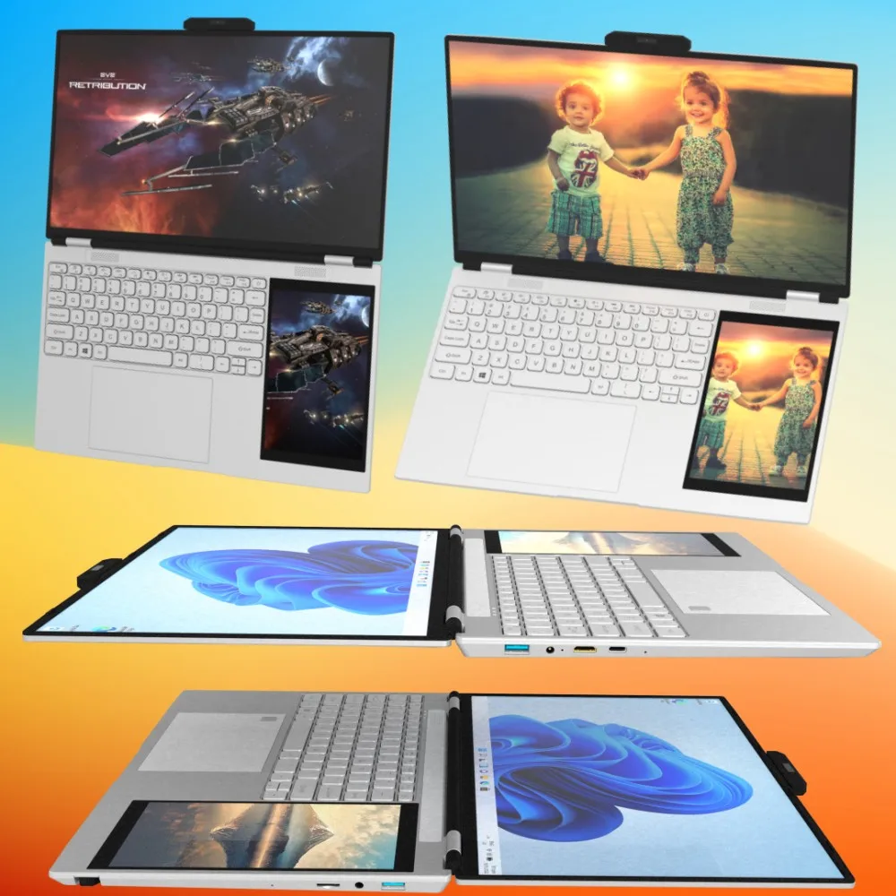 Dual Screen Laptop 15.6 Inch 2K IPS+ 7 Inch Touch Screen Intel N100 Processor Gaming Laptop DDR4 16GB 2TB SSD Notebook Computer