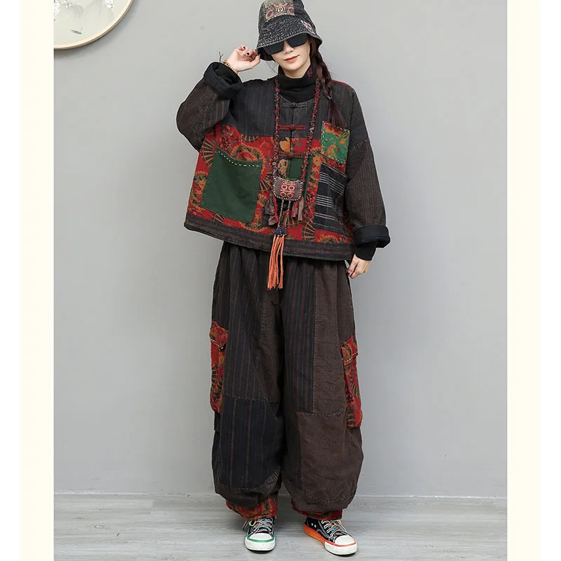

Cotton Linen 2PCS Sets Vintage Old Cloth Stitching Cotton Linen Cardigan Clip Cotton Coat Patch Trousers Two-piece Women Winter
