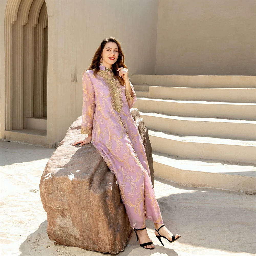 Floral Embroidery Abaya Dress for Women Elegant Middle East Arab Oman Dubai Morocco Jalabiya Caftan Evening Party Clothes