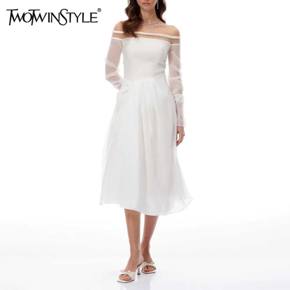 

TWOTWINSTYLE однотонные утягивающие базовые платья для женщин с разрезом на шее и длинными рукавами, элегантное женское платье с высокой талией