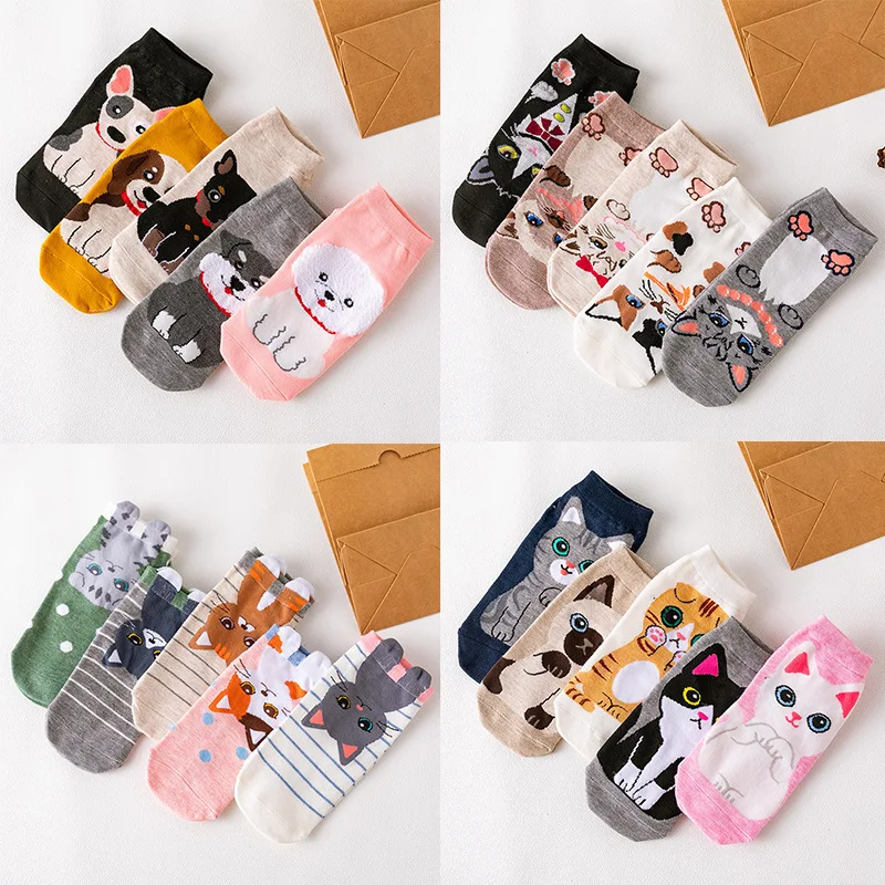 5 Pairs Dog Cat Cartoon Women Socks Kawaii Cotton Short Socks Cute Low Cut Ankle Korean Japanese Fashion Socks Girl