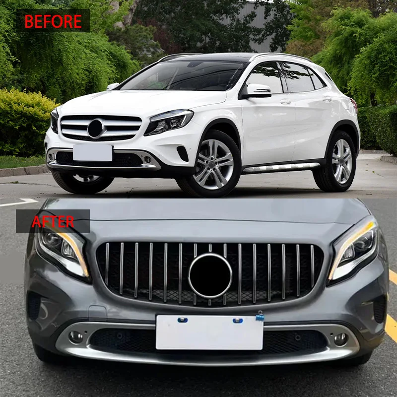 

Для Mercedes-Benz GLA-Класса X156 GLA180 GLA200 GLA250 2017-2019: Верхняя решетка радиатора в стиле «Хромированные серебристые бриллианты», обновление стиля автомобиля.