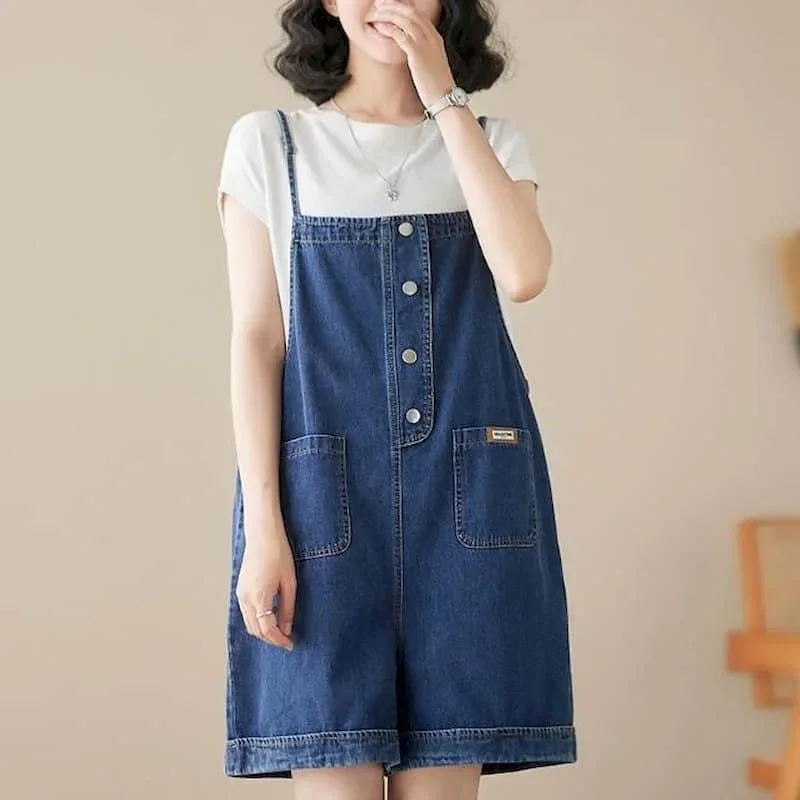 

Pop Denim Jumpsuits Vintage Patchwork Loose Wide Leg Shorts Korean Fashion Romper Casual Bodysuits One Piece Outfits Women Cloth