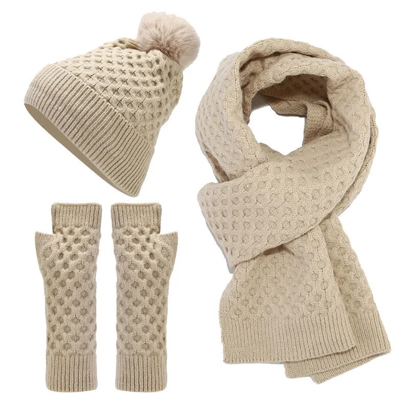 Knit 3-piece Hat Scarf Gloves Autumn/Winter Warm Twist Plush Thickened Hairball Ear Cap Fingerless Gloves Warm Scarf Set