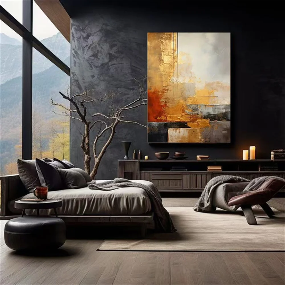 Abstract Modern Wall Art - Frameless Neutral Tones with Golden & Red Accents, Contemporary Decor for Living Room, Bedroom, Study