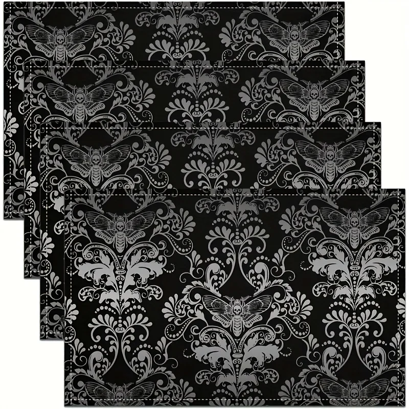 VIKAMA4/6/8/10PC Gothic Dark Night Placemats Silver Silk Skull Moth Vintage Floral Theme Party Escape Room Cafe
