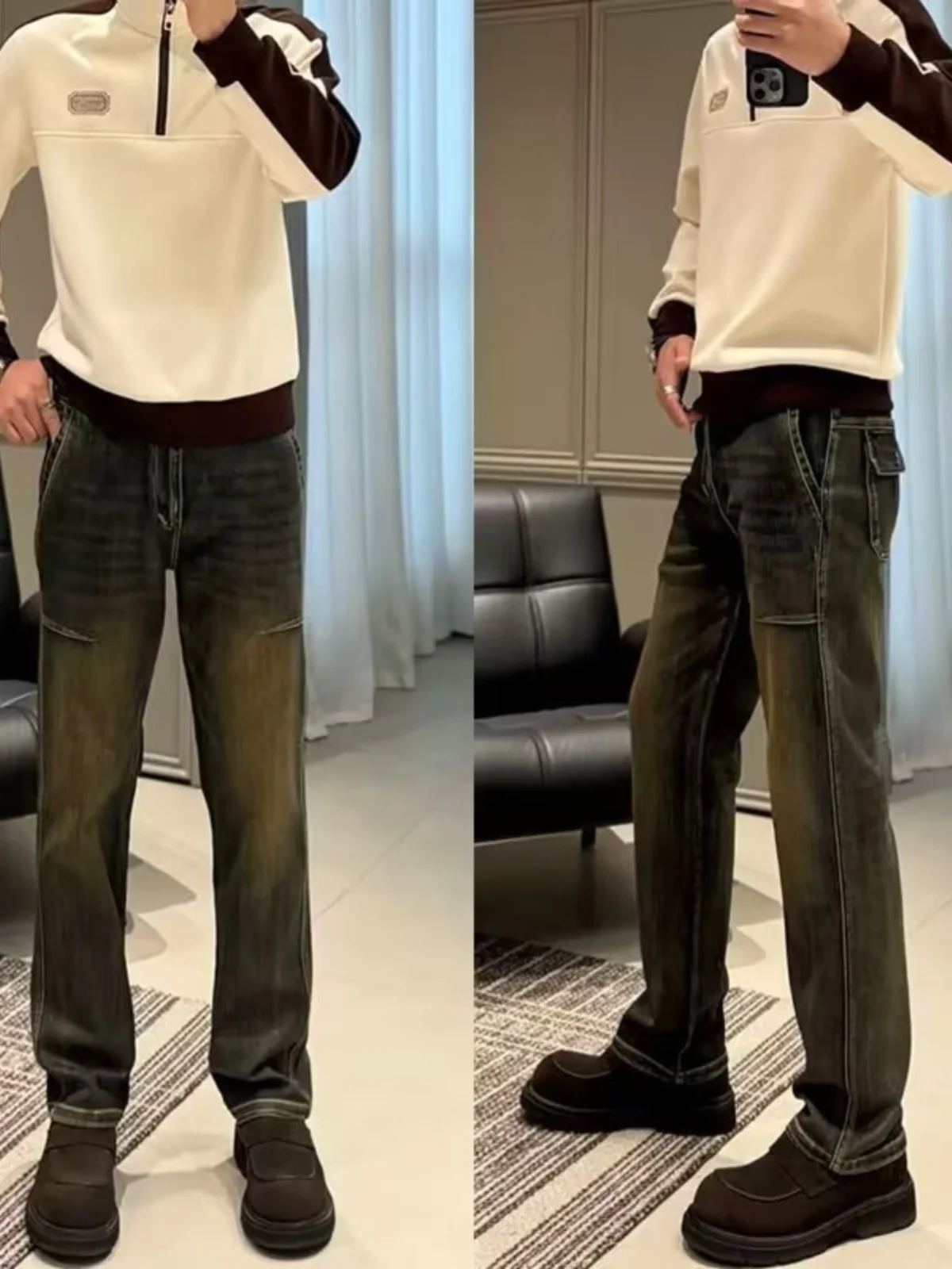 

Модные мужские джинсы с прямыми штанинами, повседневные уличные свободные брюки, молодежные классические длинные брюки с водной талией, выцветший отбеливающий джинс