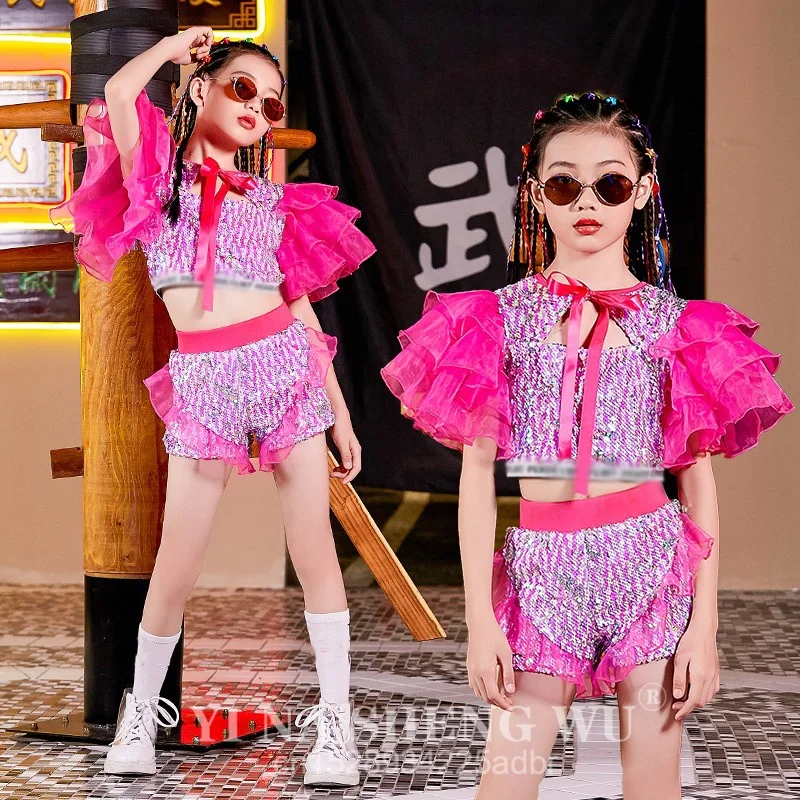 夏のダンス衣装子供女の子用 2 個クロップトップ & ショーツスパンコールヒップホップ衣装子供女の子服 5-14 歳ジャズダンス