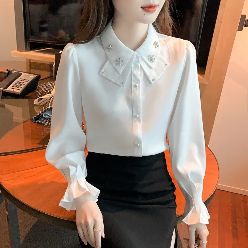 Elegant Long Sleeve Chiffon Shirts Women 2025 Autumn Winter Fashion White Blusa Feminina Korean Style Office Ladies Tops Blouses