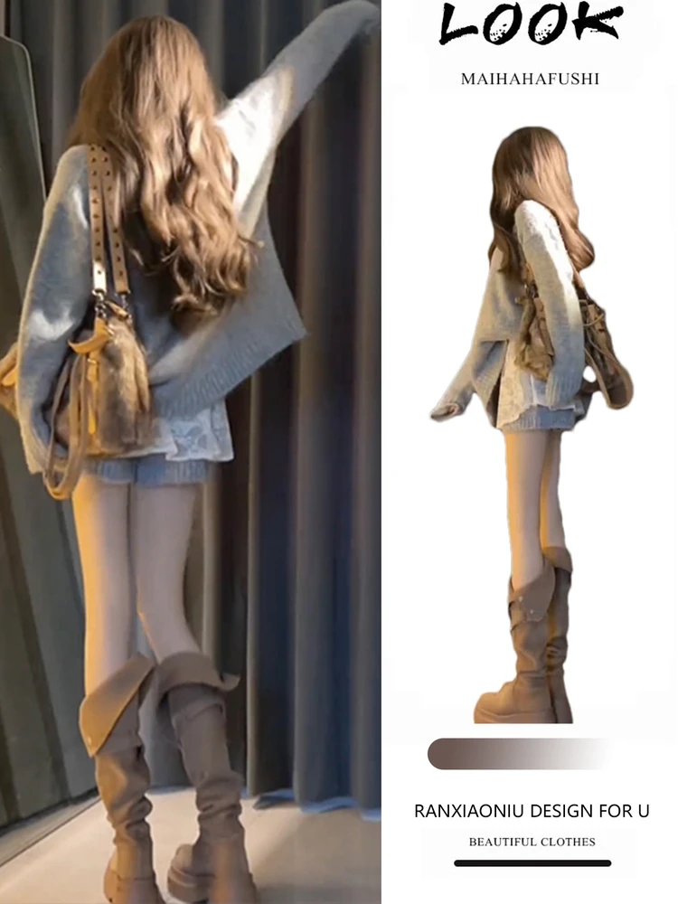 

Корейский комплект в стиле Lazy Chic для женщин: весенний дизайн, кружевная базовая футболка, вязаный свитер, джинсовые шорты с высокой талией, длинный рукав