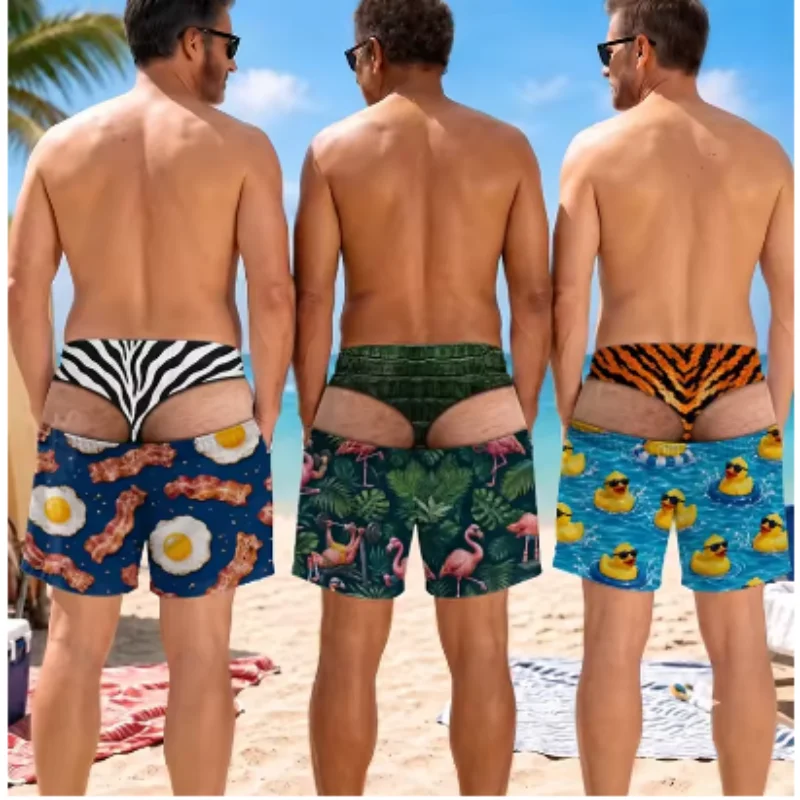 Summer Men Funny Cartoon Hot Dog 3D Print Board Shorts Quick‑Dry Drawstring Trunks Fun Yellow Duck Novelty Prank Short Pants
