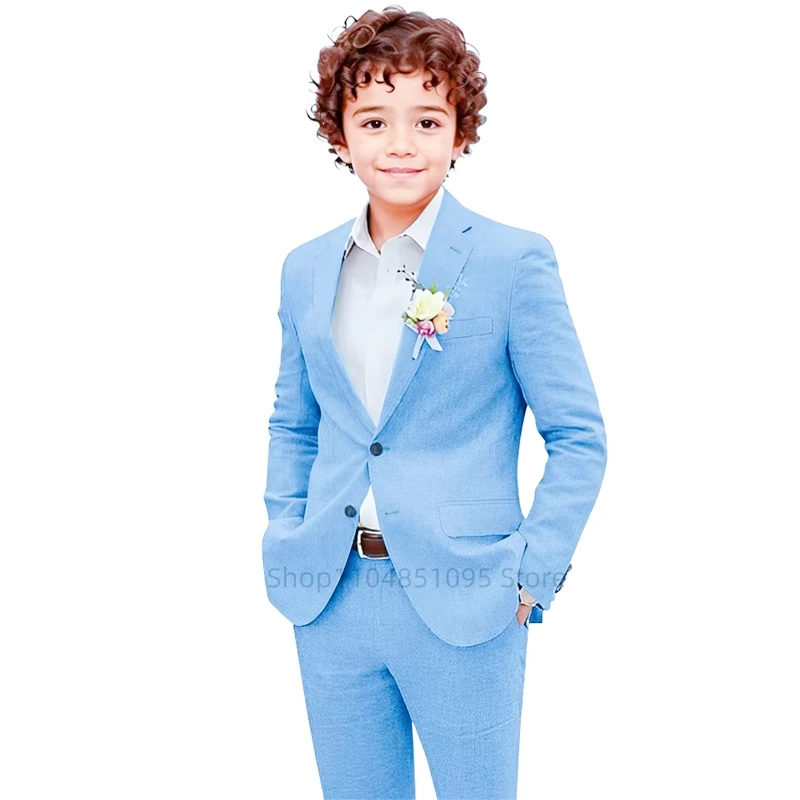 

Beige/Blue Linen Boy Suits For Party Single Breasted Jacket Pants 2 Pieces Children Birthday Tuxedos Summer Beach Kid's Dress