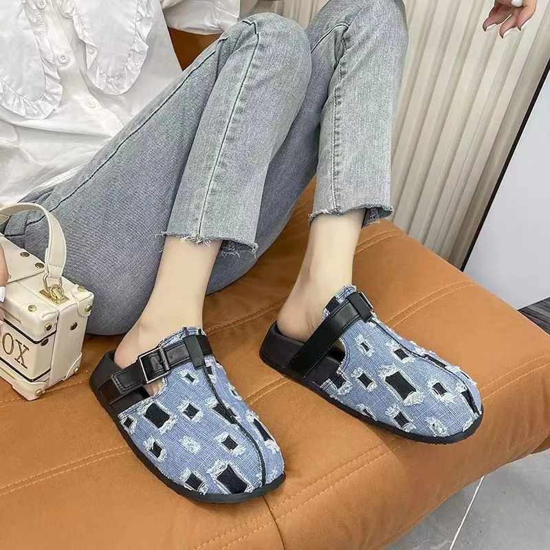 2024 Women's Autumn New Retro Closed Toe Slippers Outer Wear Belt Buckle Denim Lazy Flat Slippers