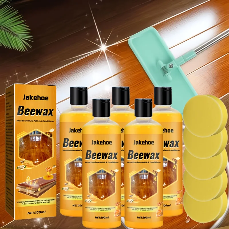 

5pcs Natural Beeswax & Citric Acid Floor Cleaner with Sponge - for Wood Floors & Tiles Polish, No Residue Glossy, Wood Care Liquid Formula, Multi-Surface Use Suitable for Floors and Tiles