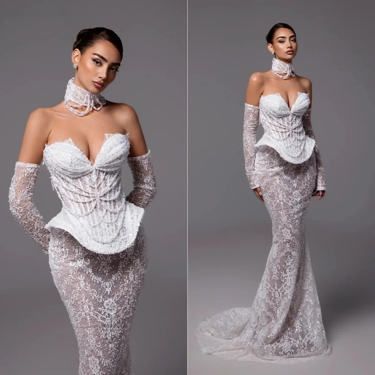 Fancy Wedding Dresses Strapless Mermaid Bridal Gowns Pearls Appliques Illusion Princess Slim Fit Customized Vestidos De Novia