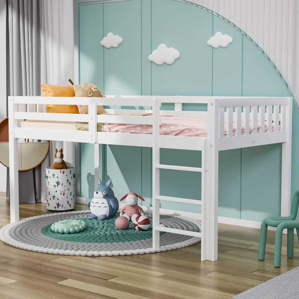 Twin Loft Bed Low Loft Bed Frame for Little Kids Small Room/Low Ceiling Bedrrom with Guardrail and Ladder