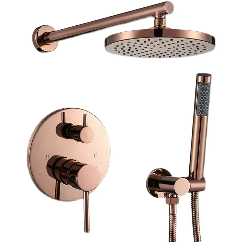 Rose Gold  Brass Bathroom Shower Faucet Valve Set With 8-12 Inch Round Head Bathroom Wall Kit