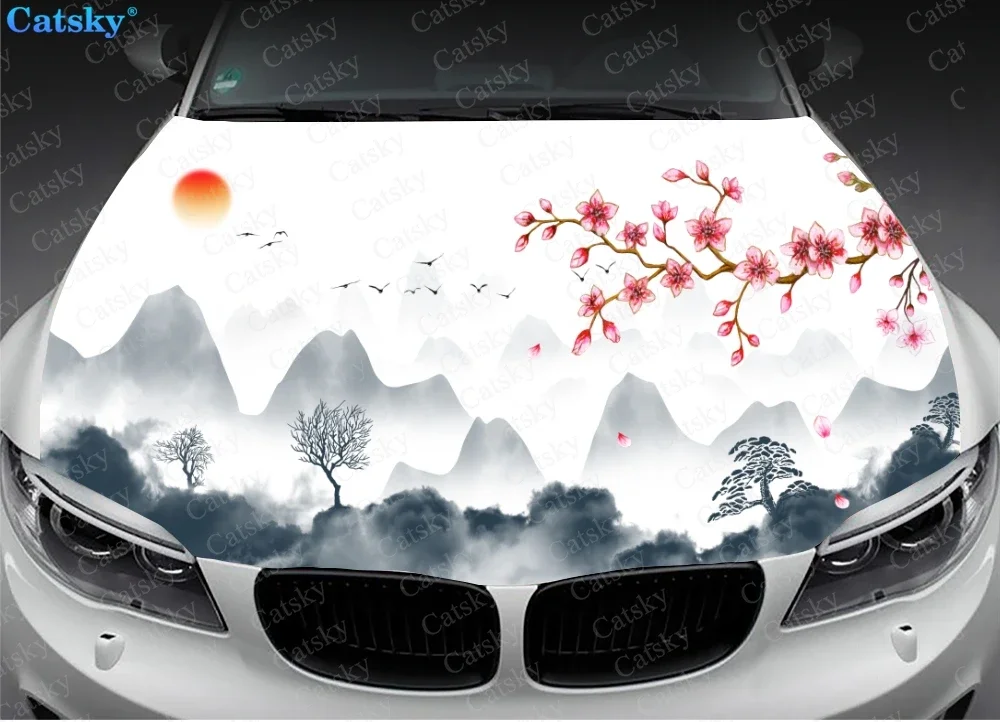 Chinese Painting Style Landscape Car Hood Vinyl Stickers Wrap Vinyl Film Engine Cover Decals Sticker on Car Auto Accessories