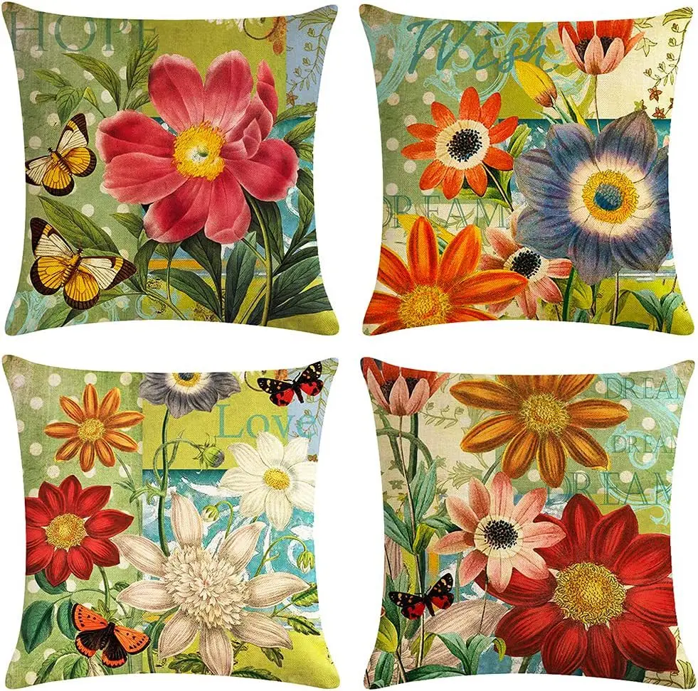 

Summer Flower Pillow Case Colorful Flower Cotton Linen Pillowcase Garden Chair Pillow Cover for Bed Sofa Living Room Decoration