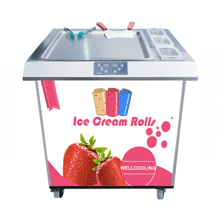 

Commercial Single Pan Fried Ice Cream Rolls Making Machine Frying Fruit Yogurt Ice Cream Machine with 3 Trays for Food Car