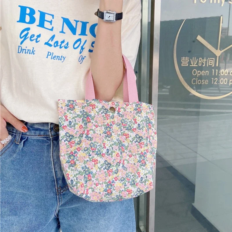 Mini bolsos de lona con estampado Floral para mujer, bolsas de compras reutilizables ecológicas, de algodón, informales, portátiles, pequeñas