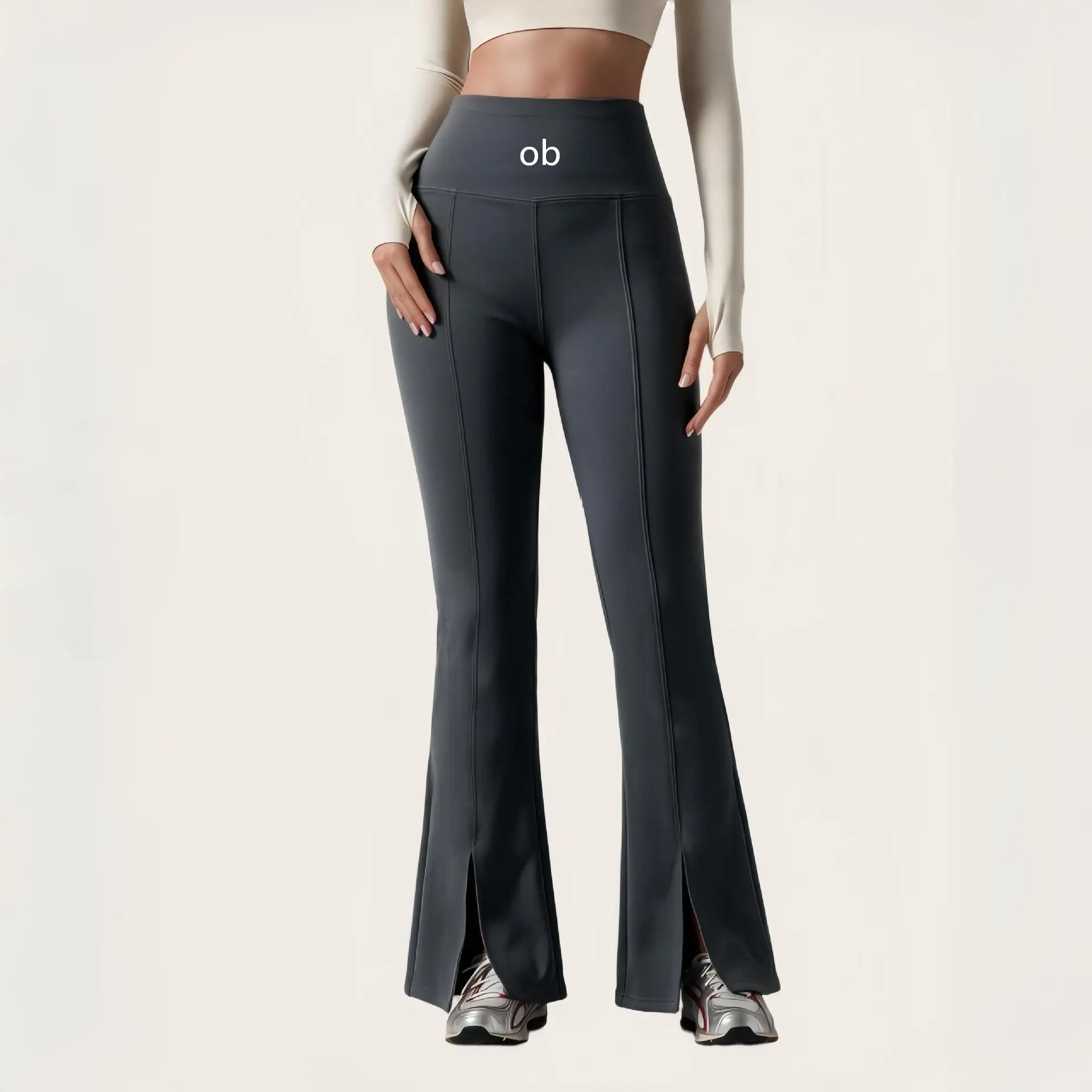 Ladies' high waisted split slightly flared yoga pants, stretch shaping breathable fitness and leisure sports horn pants