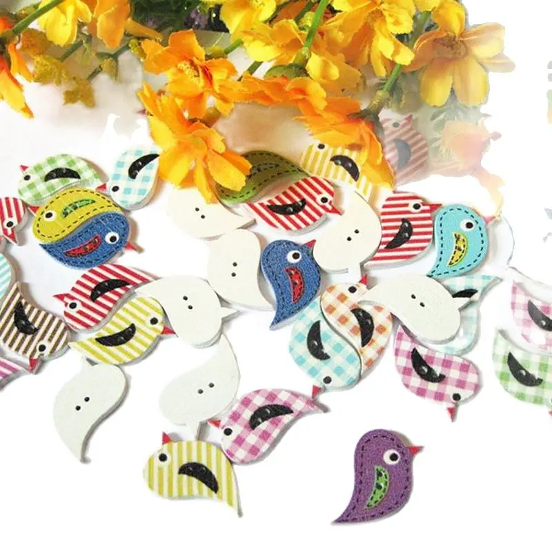 50Pcs/lot Mixed Birds Style Wooden Sewing Accessories Wood Buttons Flatback Scrapbooking 18x32mm botones decorativos