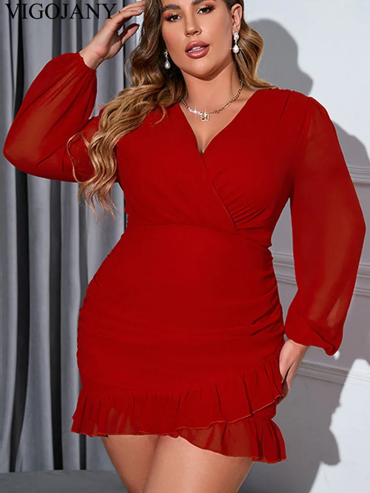 Vigojany 2025 Sexy Lantern Long Sleeve Plus Size Evening Dress Red Large Ruffle Dress Chubby Curvy Tight Evening Party Dresses