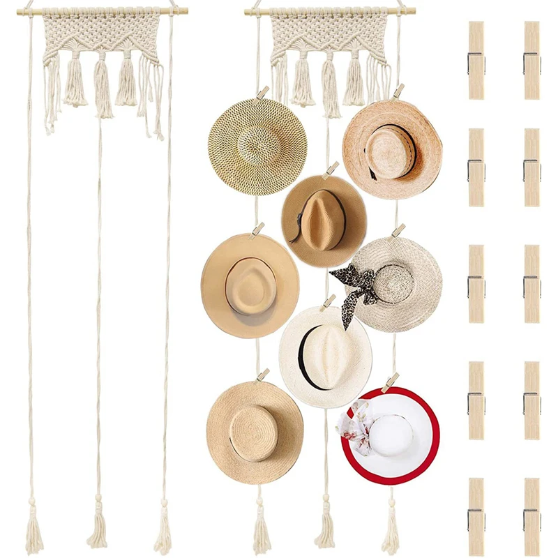 Boho Hand Woven Cotton Wall Hanging Hat Organizer Display Rack With Clip Storage Cap Holder Scarf Hanger Nordic Macrame Tapestry