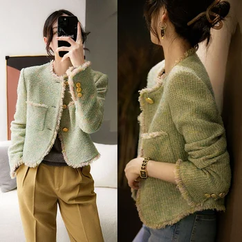 Crop stylish and elegant jacket women fashion clothing short demi-season trend tweed green winter plaid jacket for women 2024 clothing