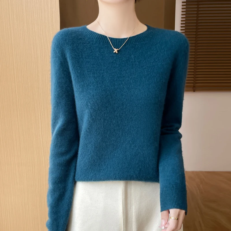 Fall/Winter 2024 New 100% Merino Wool O-neck Long Sleeve Solid Color Loose Knitted Pullover Knitted Bottom Shirt Sweater