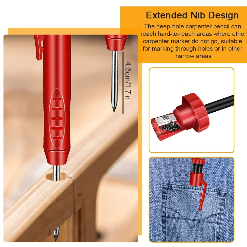 Solid Carpenter Pencil with Refill Leads and Built-in Sharpener for Deep Hole Mechanical Pencil Marker Marking Woodworking Tools