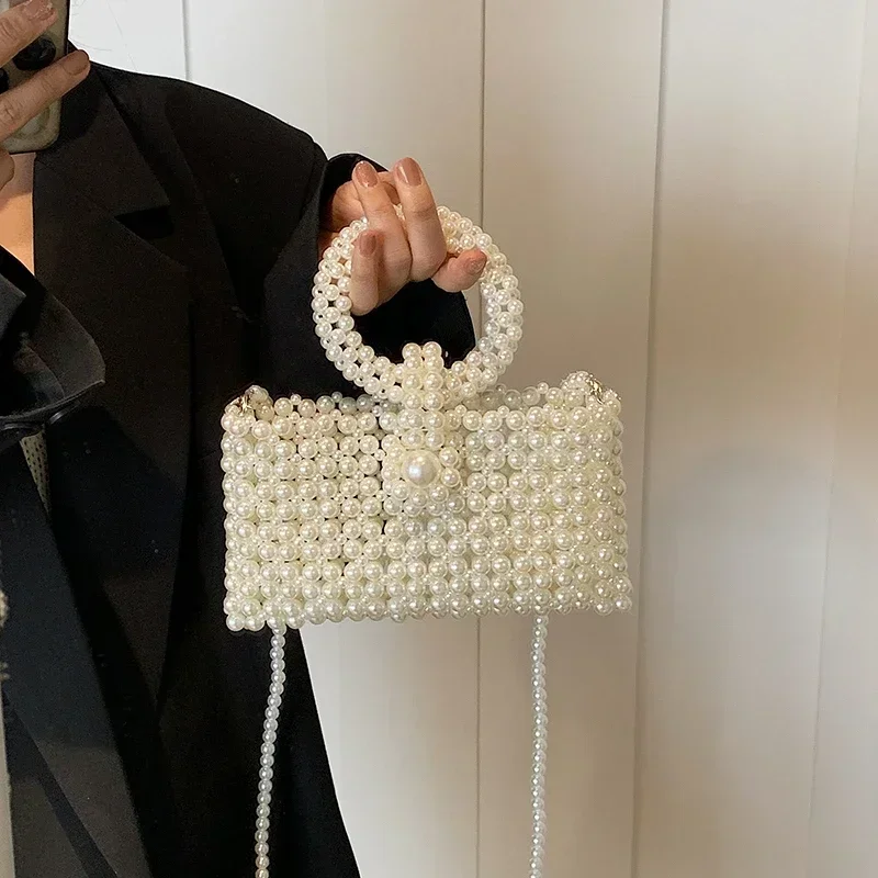 Simple Versatile Pearl Square Handbags Chains Beading Sense of Luxury Shoulder and Crossbody Bags for Women 2024 Fashion New