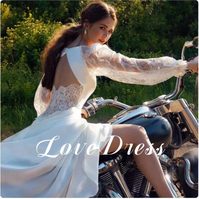 Lovedress boho renda mangas compridas puff vestidos de casamento 2025 decote em v profundo aberto para trás vestidos de novia cetim a linha personalizado