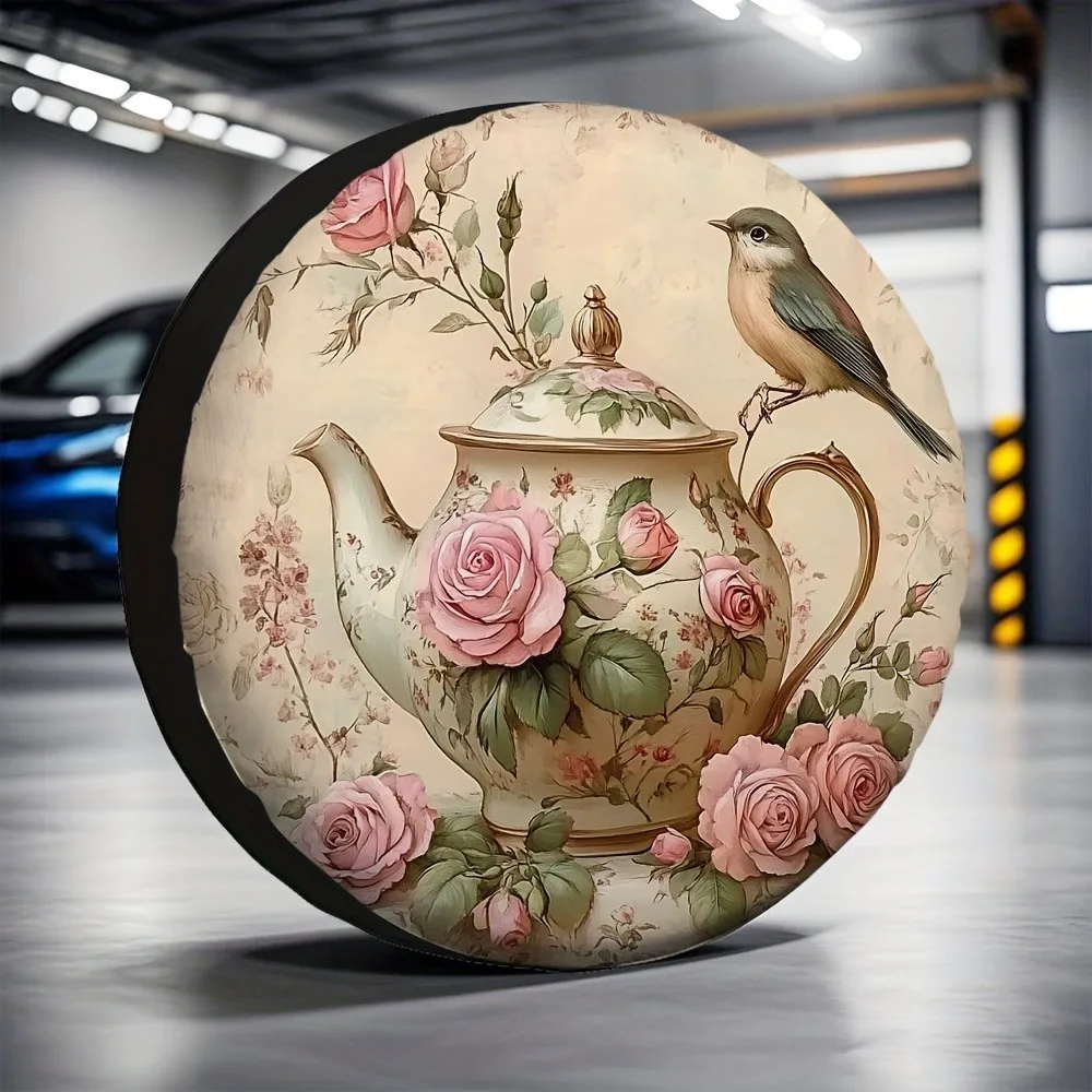 

Чехол для запасного колеса с рисунком винтажного чайника с розами и птицами, прочный полиэстеровый защитный чехол для колес кемпера