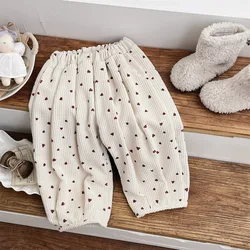 2024 Winter New Baby Fleece Casual Pants Girls Heart Print Corduroy Trousers Plus Velvet Thick Infant Warm Pants Toddler Clothes