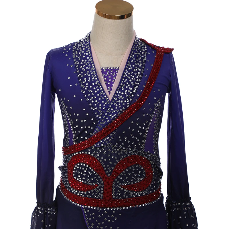 Figure Skating Dress Competition Women's Children's Rhythmic Gymnastics Blue Wine Red V-Neck Long Sleeve Performance Dress