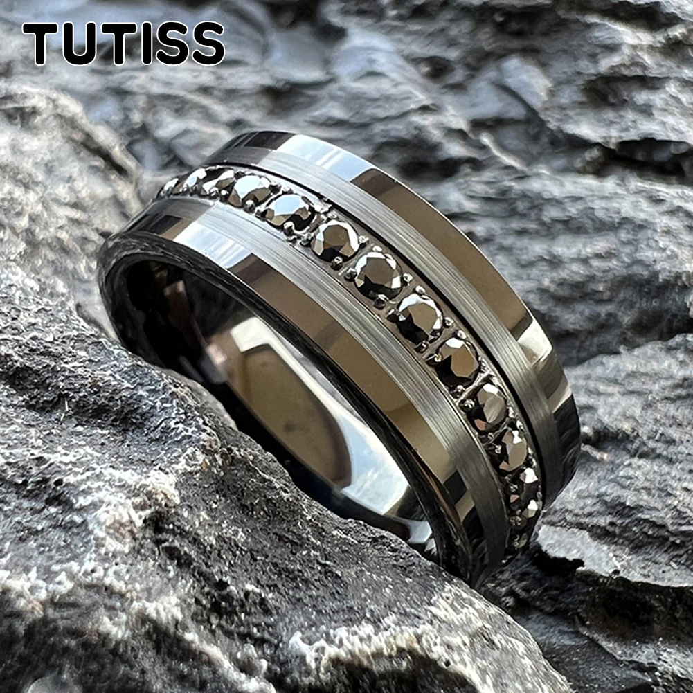 TUTISS 8mm Pipe Cut CZ Stone Inlay Black Tungsten Ring for Men Women Eternity Fashion Engagement Wedding Band Comfortable Fit