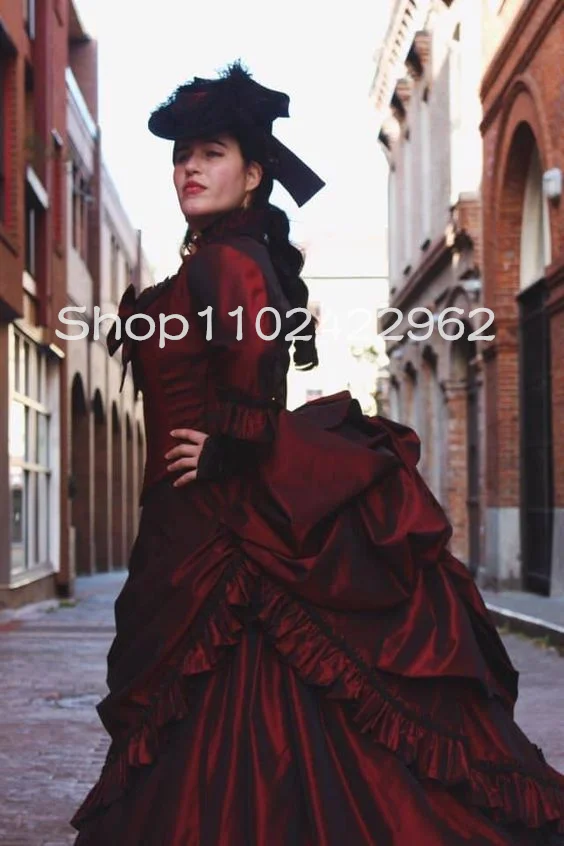 Historically Themed Victorian Ball Gown Prom Dresses with Long Sleeve Burgundy Ruched Bustle Corset Gothic Evening Dress