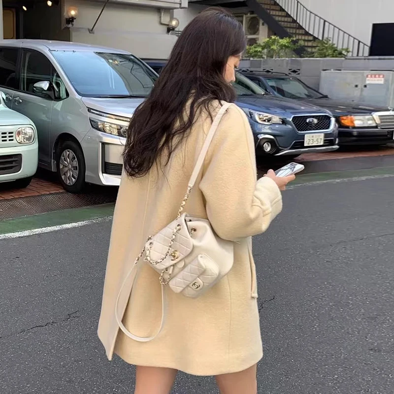 

Chic Winter Gentle Wind Single Button Loose Ba Split Design Small Size Woolen Coat for Women Korean Sle Straight Tube