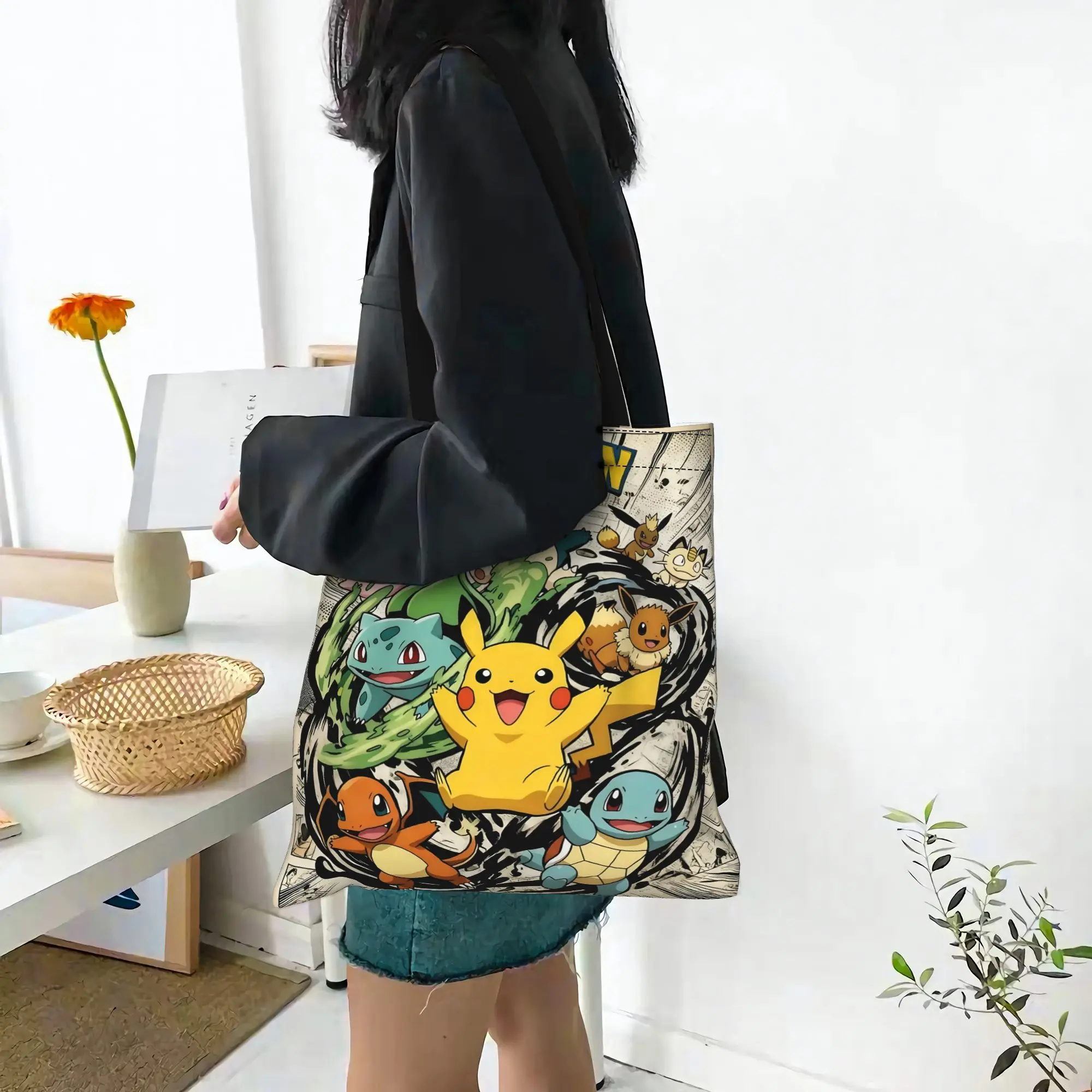 Customized Pokemon Women's Bag Shopping Bag Reusable Double Sided Canvas Tote Bag Shoulder  Handbag
