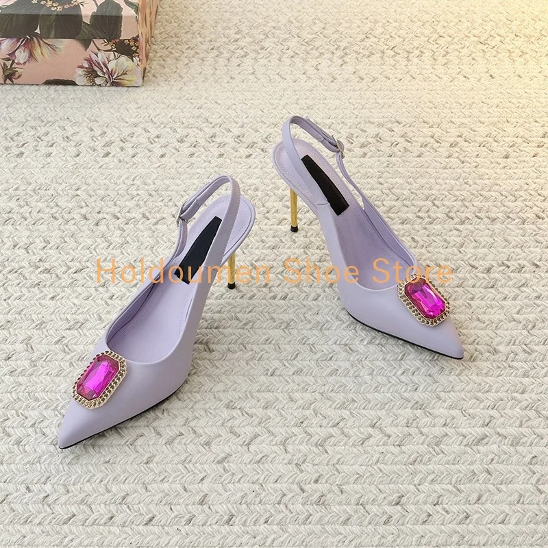 

Pink Satin Patchwork Leather Lining Rectangular Purple Gemstone Pumps Sexy Women's Wrapped Pointed Toe Slingback Stiletto Pumps