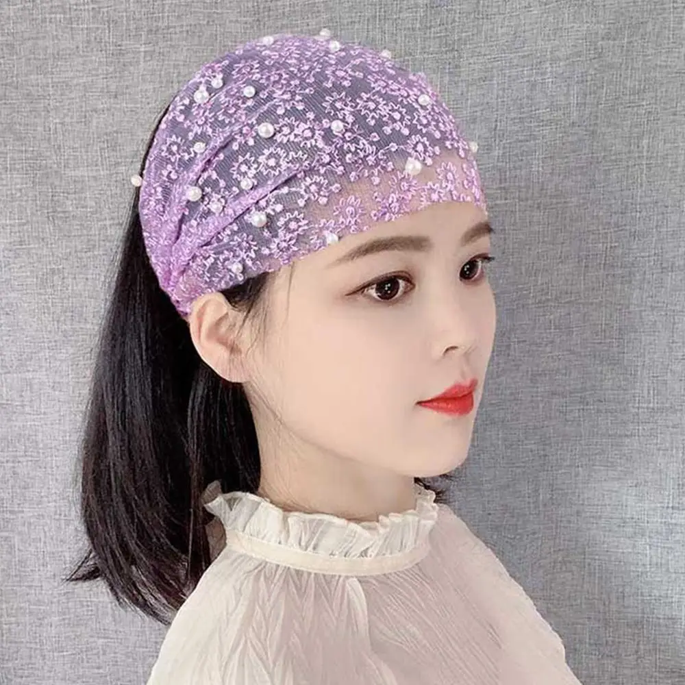 

Sweet Flower Make up Pearls Fashion Design Korean Style Hair Wear Women Hair Accessories Wide Side Hairband Organza Headband