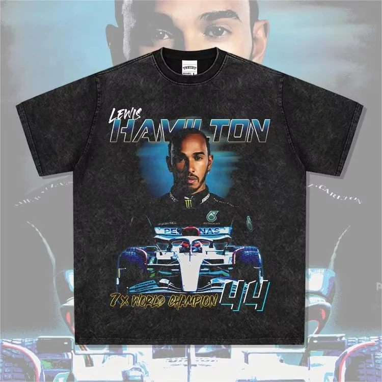 2025 Hamilton Lewis American F1 Vintage Print Tide Washed Cotton Heavy Short Sleeve T-shirt High Quality    - view 4