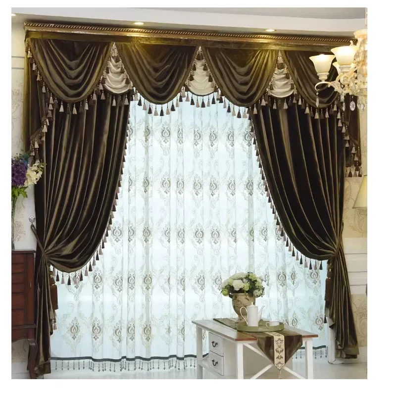 

European Luxury Italian Velvet Fabric Thickened Blackout Curtain Header Super High Villa Curtains for Living Dining Room Bedroom