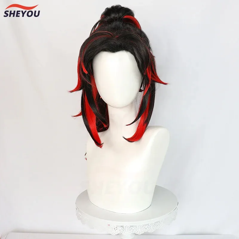 Sisi 2233Tsugikuni Yoriichi peluca larga negra y roja con cola de caballo pelo sintético resistente al calor pelucas de Cosplay de Anime