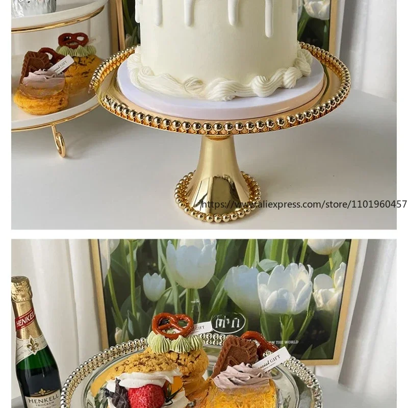 Fashion Silver Metal Cake Stand Dessert PlateS with Beads Decor Desktop Storage Tray for Wedding Decoration