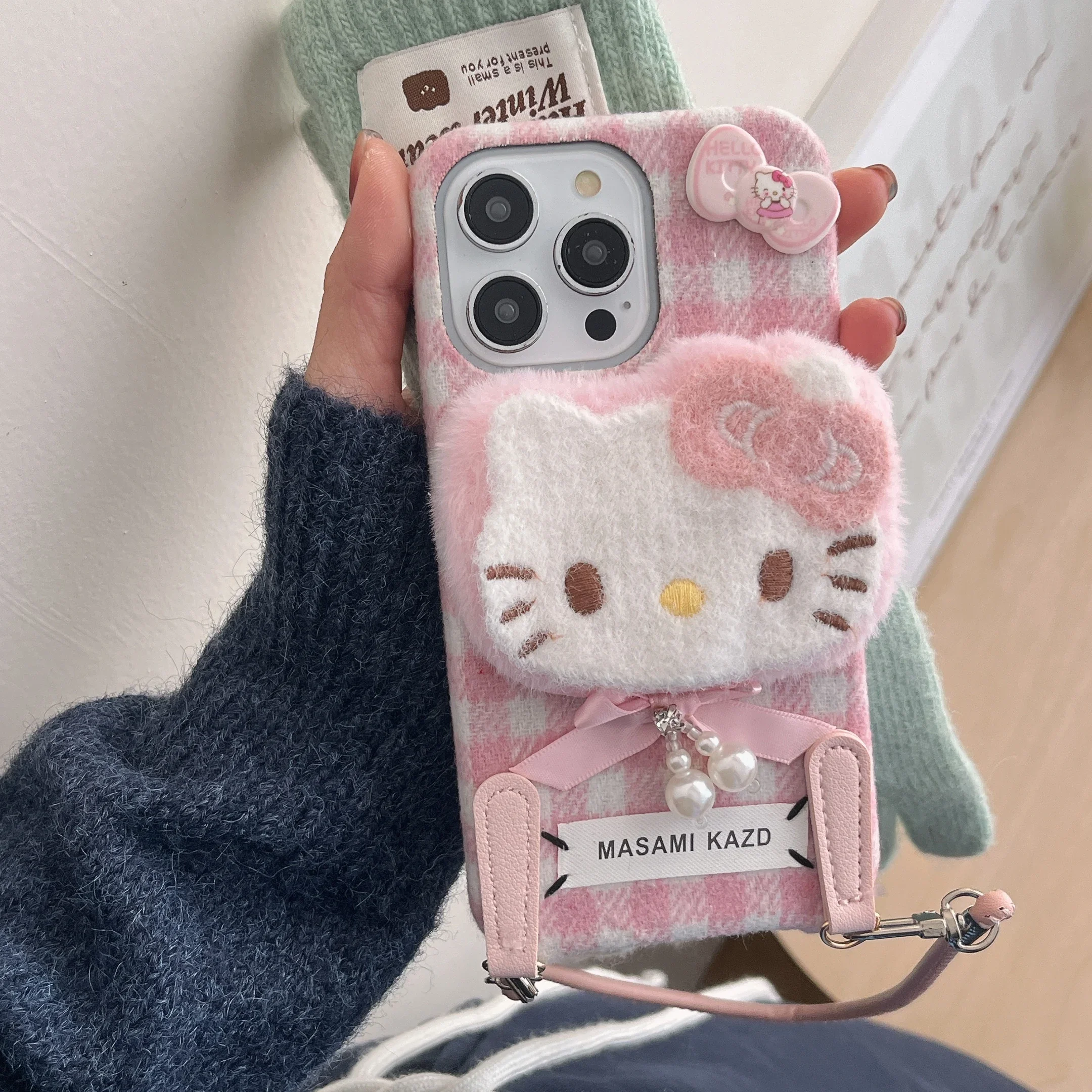 Cute Cartoon Sanrio Hello Kitty Grid Pattern Furry Plush Soft Phone Case For iPhone 16 15 14 13 12 11 Pro Max Winter Warm Cover