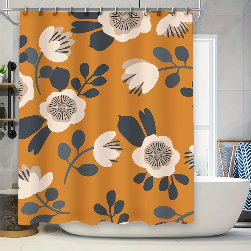

Chic Floral Design Shower Curtain Rusty Orange Color Modern Bathroom Decoration for Home Decor Made from Eco-Friendly Materials