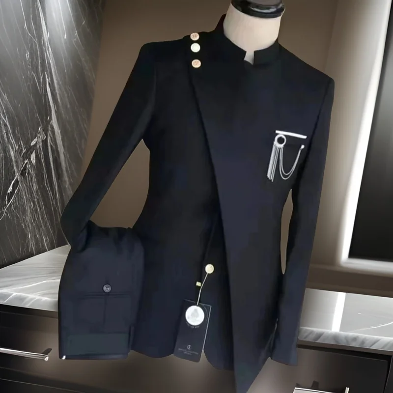 

Italian Style Suits for Men with Stand Collar 2 Pcs Business Jacket with Pants Male Fashion Wedding Groom Tuxedo Custom Made
